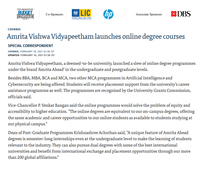 Amrita Vishwa Vidyapeetham Launches Online Degree Courses