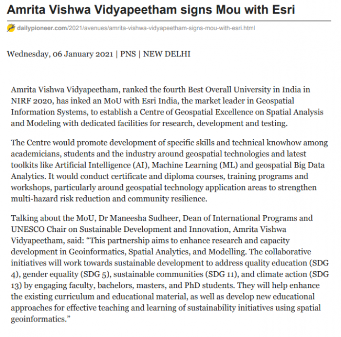 Amrita Vishwa Vidyapeetham Signs Mou with Esri