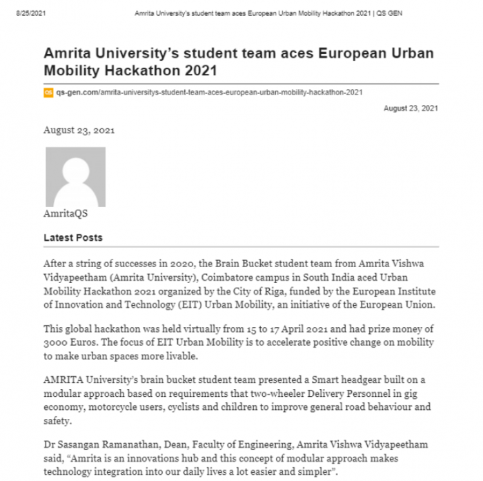 Amrita Student Team Aces European Urban Mobility Hackathon 2021