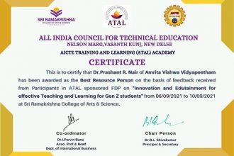 Amrita Faculty Adjudged as Best Resource Person by All India Council for Technical Education (AICTE)